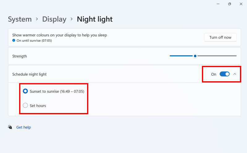 Click the toggle switch for Schedule night light then select Sunset to sunrise or Set hours